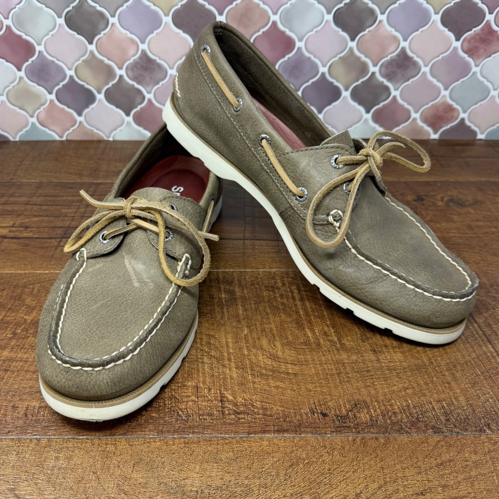 Sperry Top-Sider Leeward Boat Shoes Leather Tumbled Taupe Men's Size 9M